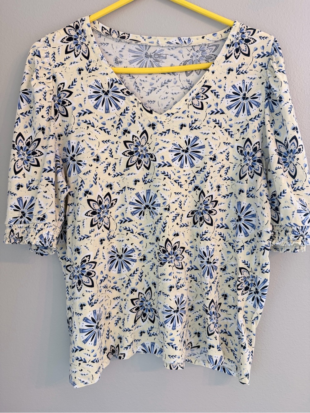LOFT Blue and Light Yellow Floral V-Neck Short Sleeve Top
